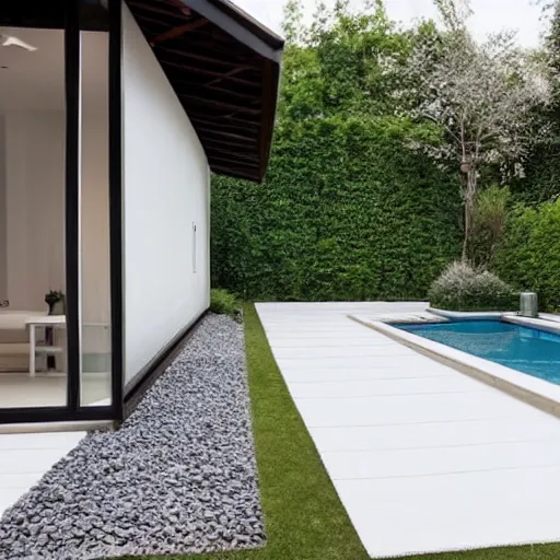 Prompt: luxury elongated small backyard, all white, modern hut at the back, ceramic floor, small pool