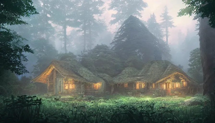 Image similar to A highly detailed matte painting of cottage in a dark forest, by Studio Ghibli, Makoto Shinkai, by Artgerm, by beeple, by Greg Rutkowski, volumetric lighting, octane render, 4K resolution, trending on artstation, masterpiece