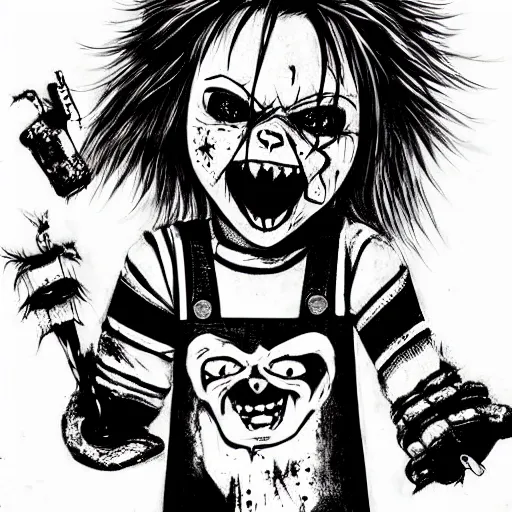 Prompt: grunge drawing of chucky by - minecraft , loony toons style, horror themed, detailed, elegant, intricate