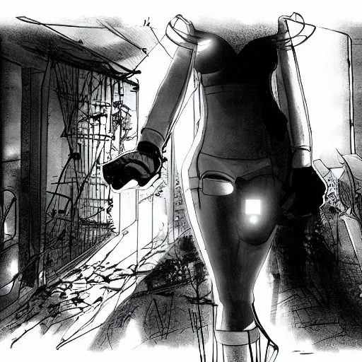 Image similar to scarlett johansson wearing futuristic breathing apparatus, searching an derelict dark hallway of a abandoned spaceship with a flashlight, afro samurai anime style, black and white, pencil and ink manga panels showing different angles of scene