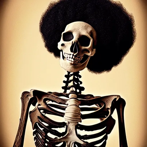 Prompt: portrait photograph, Realistic Skeleton wearing an afro wig and playing the violin