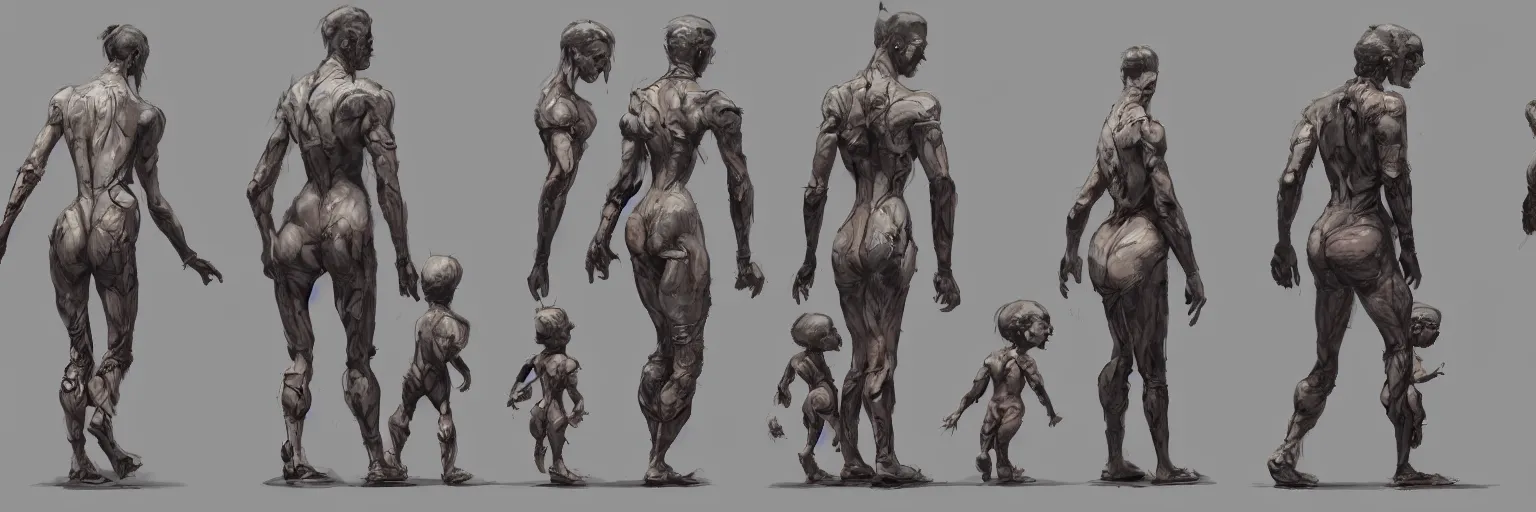 Image similar to family walk cycle, realistic deformed family walking while wearing a thong, character sheet, fine details, concept design, contrast, kim jung gi, greg rutkowski and francis bacon, trending on artstation, 8 k, full body and head, turnaround, front view, back view, ultra wide angle