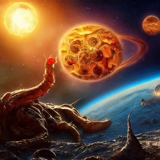 Image similar to eldritch horror bloody garfield in space, hd, 8 k, giant, epic, realistic photo, unreal engine, stars, prophecy, powerful, cinematic lighting, destroyed planet, debris, violent, sinister, ray tracing, dynamic, epic composition, dark, horrific, teeth, grotesque, monochrome drawing, hellscape