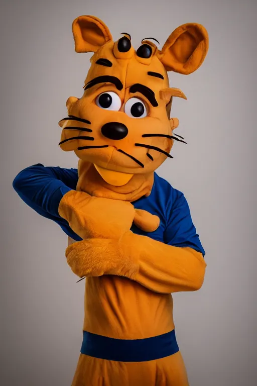 Image similar to portrait of Jacksfilms dressed in Garfield costume, starring in live-action adaptation of the comics, cosplay portrait photograph,