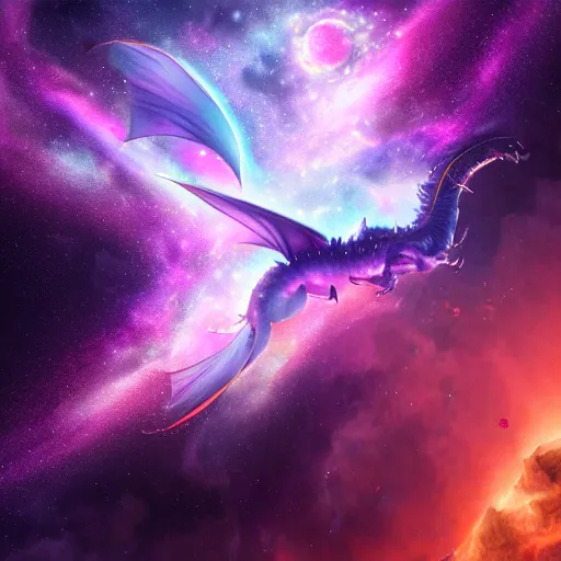 Prompt: a purple star galaxy dragon flying through nebulous space, artstation, digital art, 4k, hyper realism, high detail, cinematic