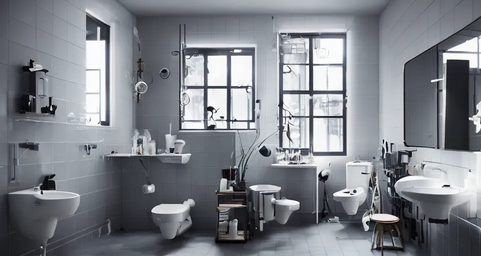 Image similar to IKEA catalogue photo of an epic cyberpunk bathroom, designed by Nikola Tesla, 8k, HD, realistic, cinematic