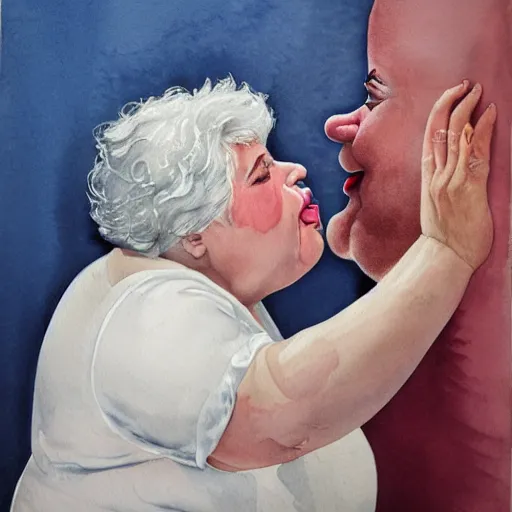 Image similar to a very funny realistic style watercolor painting of a sweet fat old woman kissing her reflection. symmetrical face, red mouth, blue eyes. a flowered dress. a hyper - realistic scene. 3 d, octane processing, deep focus, white scene. a very funny and sweet picture. unreal engine. watercolor. fellini cinematic style. poster quality. freud painting style