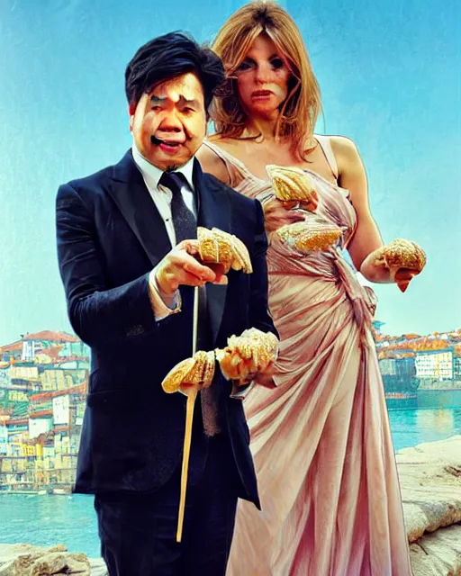 Image similar to Portrait of Michael Mcintyre & a blonde Barbara Bach from the bond film eating ice creams in Porto,real life skin, intricate, elegant, highly detailed, artstation, concept art, smooth, sharp focus, art by artgerm and greg rutkowski and alphonse mucha