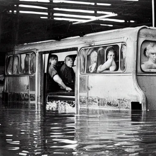 Prompt: almost completely flooded metro wagon. photo from inside the wagon, in the center of the frame stands one calm man up to his chest in water and looks at the camera. warm lighting, old color photo, ussr, extremely detailed, 8 k, vintage color