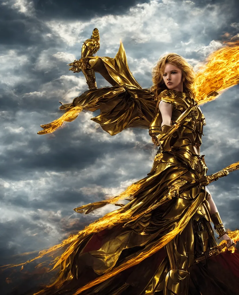 Image similar to Wide shot of a fiercely beautiful woman in golden angelic battle armor and wielding a flaming sword, among the clouds, cinematic, epic, 4k, realism