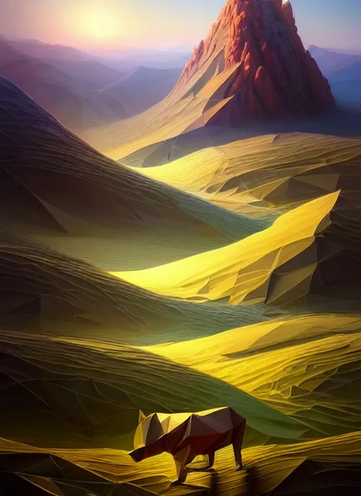 Prompt: a hyper - detailed 3 d render like a oil painting of dawn in the low - poly hills, surrealism!!!!! surreal concept art, lifelike, photorealistic, digital painting, aesthetic, smooth, sharp focus, artstation hd, by greg rutkowski, chris tulloch mccabe, valentina remenar, krenz cushart and asher duran,