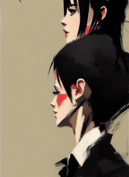 Image similar to ultradetailed beautiful panting of a stylish woman wearing a shirt with a tie, she has black hair, distressed, by ashley wood, ilya kuvshinov, greg rutkowski on artstation