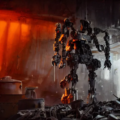 Image similar to cutlery mecha, dark messy smoke - filled cluttered workshop, dark, dramatic lighting, orange tint, cinematic, highly detailed, sci - fi, futuristic, movie still