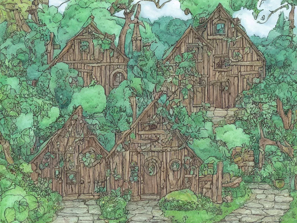 Image similar to garden wood house in the style of studio ghibli