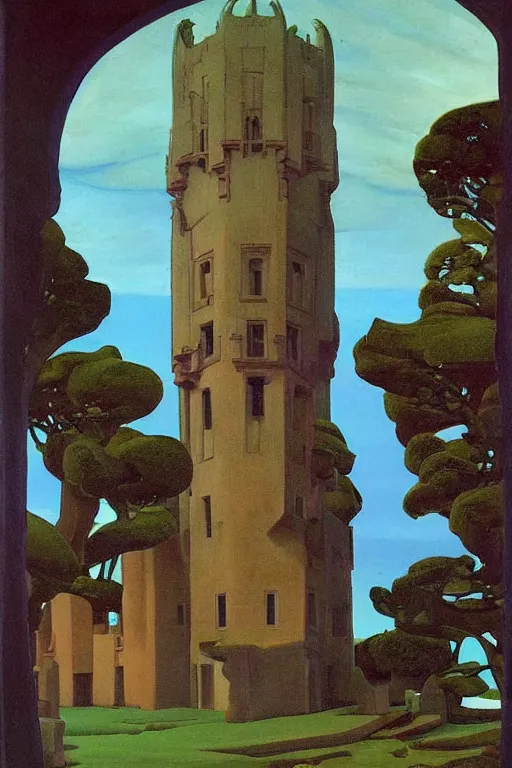 Image similar to view of the old tower and its gardens after a storm, tall windows lit up, beautiful ornamental architecture, dramatic cinematic lighting, rich colors, by Nicholas Roerich and and Caspar David Friedrich and April Gornik and William Dyce and ((Diego Rivera)), smooth, sharp focus, extremely detailed, featured on artstation