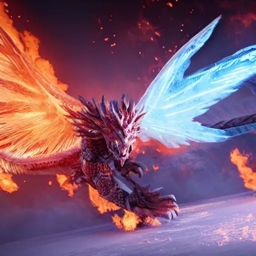 Image similar to ice Phoenix fighting against fire dragon, 8k, Unreal engine, realistic