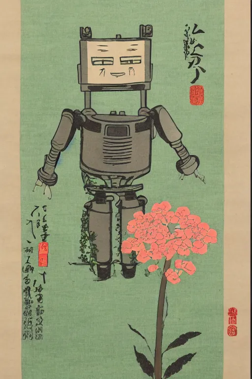 Prompt: Japanese woodblock print of robot gardener amongst the flowers