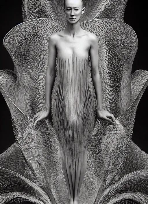 Image similar to a portrait of tessa kuragi by serge lutens, wearing iris van herpen outfit, photorealistic, intricate details, hyper realistic, photorealistic, canon r 3, photography, symmetrical features, symmetrical pose, wide angle shot, head to toe, standing pose, feet on the ground,