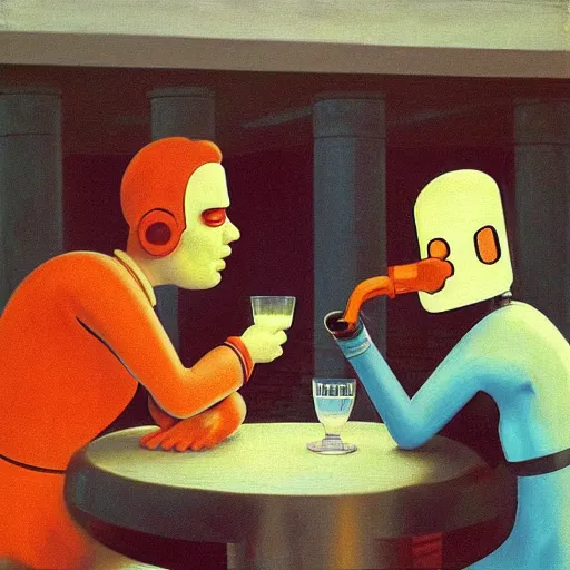 Prompt: a futurama-robot having a drink with his best friend Phillip Fry by Raphael, Hopper, and Rene Magritte. detailed, romantic, enchanting, trending on artstation.