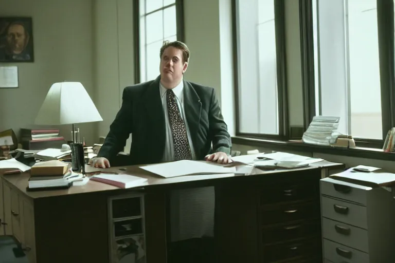 Image similar to cinematic still of portly clean-shaven white man wearing suit and necktie at his desk in his office in 1994 film, XF IQ4, f/1.4, ISO 200, 1/160s, 8K, RAW, dramatic lighting, symmetrical balance, in-frame