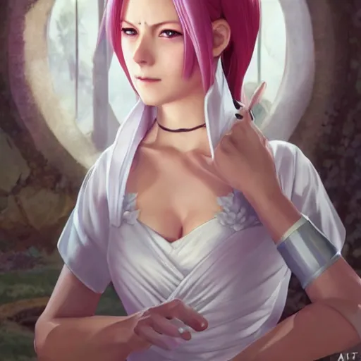 Image similar to sakura haruno in a wedding dress, cg animation, riot entertainment, arcane, realistic, character select portrait, by artgerm, greg rutkowski, alphonse mucha, 3 d