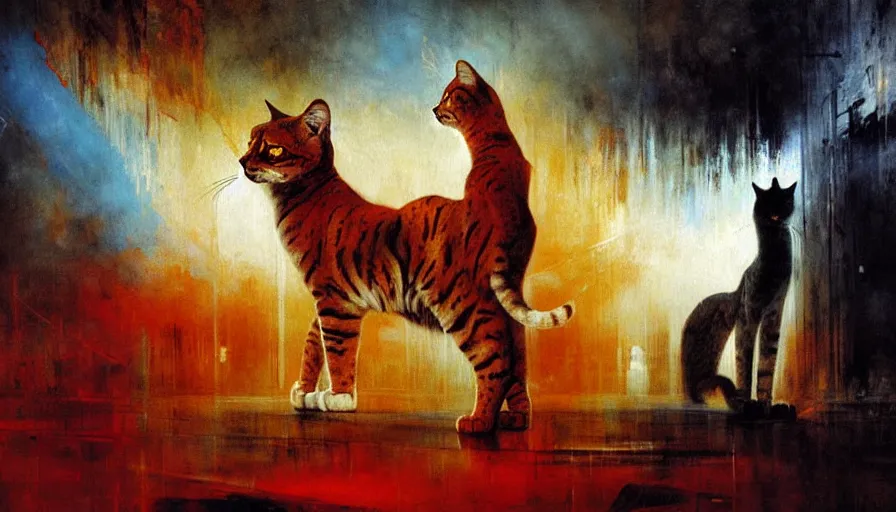 Prompt: contemporary semi abstract acrylic painting of really tall cats by william turner, by greg rutkowski, kessler art, thick brush strokes and visible paint layers, multicolor color scheme