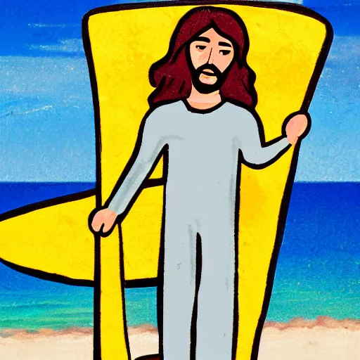 Prompt: jesus on the beach holding his surf board giving the peace sign