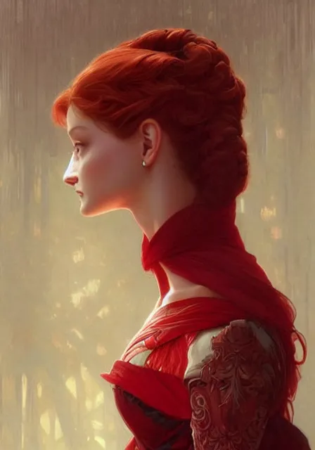 Image similar to sansa stark in red, intricate, elegant, highly detailed, digital painting, artstation, concept art, smooth, sharp focus, illustration, art by artgerm and greg rutkowski and alphonse mucha and william - adolphe bouguereau