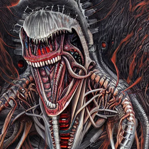 Image similar to Hyper detailed painting of a horrid eyeless biomechanical abomination covered in endless teeth as it devours The Void itself.