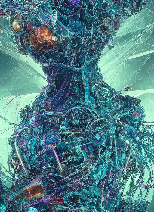 Image similar to a machine god in the machine universe encounters a living being organic cosmos inside an asymmetric orthogonal non - euclidean upside down inside out world with an infinite cosmic spiral waterfall of living information, inspired by android jones and beeple and carne griffiths, hyperrealistic, extreme detail, digital art, concept art, rendered in cinema 4 d, cryengine 8 k