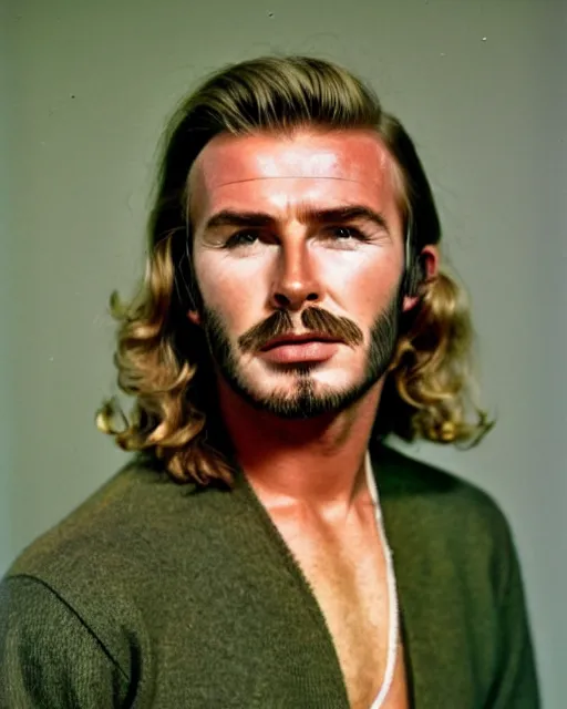 Prompt: a portrait of a 1 9 6 0 s hippie looking like david beckham