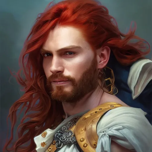 Image similar to portrait of a young pirate captain, male, masculine, handsome, upper body, red hair, long hair, cheerful, D&D, fantasy, intricate, elegant, highly detailed, digital painting, artstation, concept art, sensual, matte, sharp focus, illustration, art by Artgerm and Greg Rutkowski and Alphonse Mucha