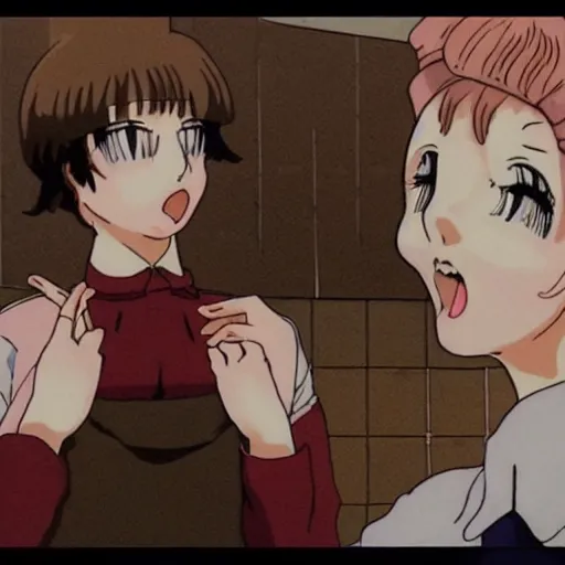 Image similar to screenshot from guro anime, 8 0's horror anime, yellowed grainy vhs footage with noise, four schoolgirls trapped in a bathroom, bathroom stalls and sinks and tiled floor, girls are in beige sailor school uniforms, one girl has white hair, detailed expressive faces, various hair colors and styles, in the style of studio ghibli,