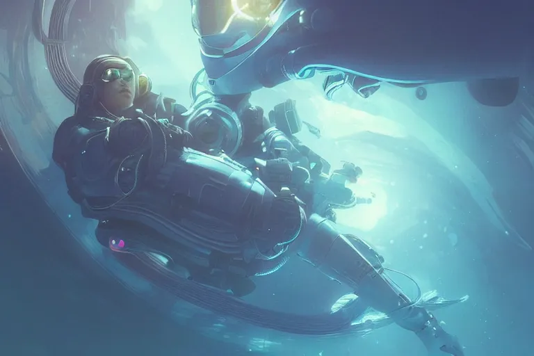 Prompt: futuristic astronaut underwater in the ocean at night, volumetric lighting, glowing lights, 4k, octane, digital painting, artstation, concept art, sharp focus, illustration, art by artgerm and greg rutkowski and alphonse mucha