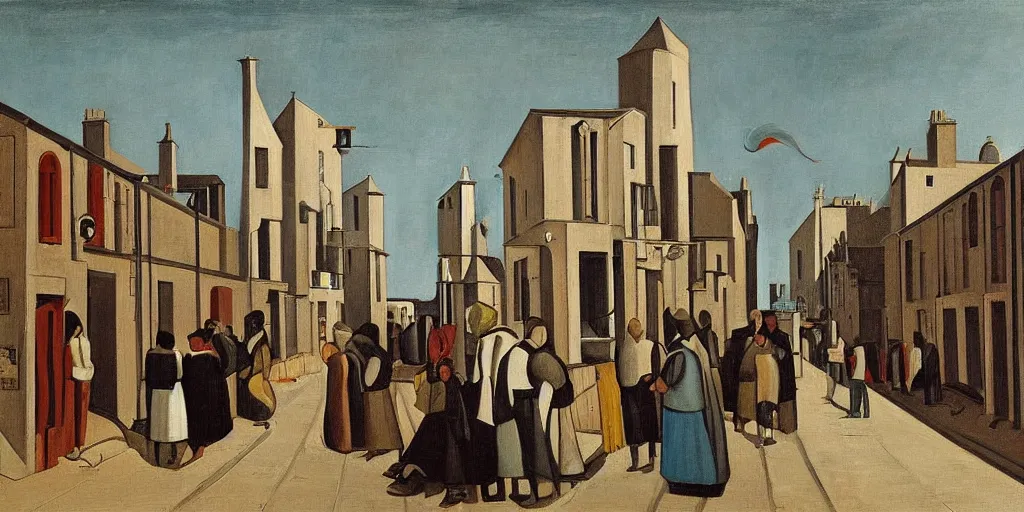 Image similar to a painting of street life in kirkwall, orkney, people,houses, by Giorgio de Chirico