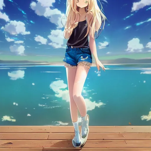 Image similar to a very beautiful anime girl, full body, long wavy blond hair, sky blue eyes, full round face, short smile, cute top, short jeans, summer lake setting, cinematic lightning, medium shot, mid-shot, highly detailed, trending on Artstation, Unreal Engine 4k, cinematic wallpaper by Stanley Artgerm Lau, WLOP, Rossdraws, James Jean, Andrei Riabovitchev, Marc Simonetti, and Sakimichan