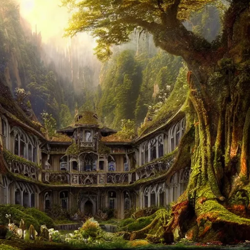 Image similar to a beautiful and highly detailed matte painting of an elven garden palace in a breath taking forest in a deep valley in the beautiful mountains of avalon, intricate details, epic scale, insanely complex, 8 k, sharp focus, hyperrealism, very realistic, by caspar friedrich, albert bierstadt, james gurney, brian froud,