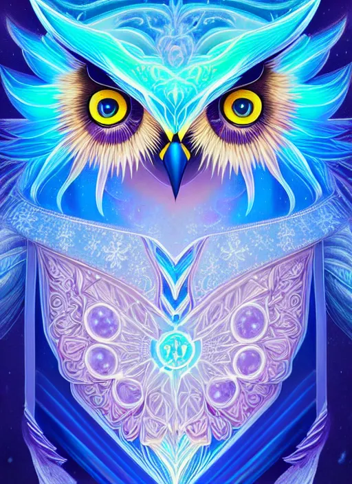 Image similar to symmetry!! product render poster vivid colors divine proportion owl, ice and snow, glowing fog intricate, elegant, highly detailed, digital painting, artstation, concept art, smooth, sharp focus, illustration,