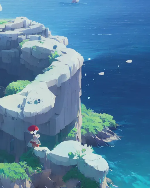 Image similar to an archipelago with strange white rock formations, lush vegetation, deep blue water, cory loftis, james gilleard, atey ghailan, makoto shinkai, goro fujita, studio ghibli, rim light, exquisite lighting, clear focus, very coherent, plain background, soft painting