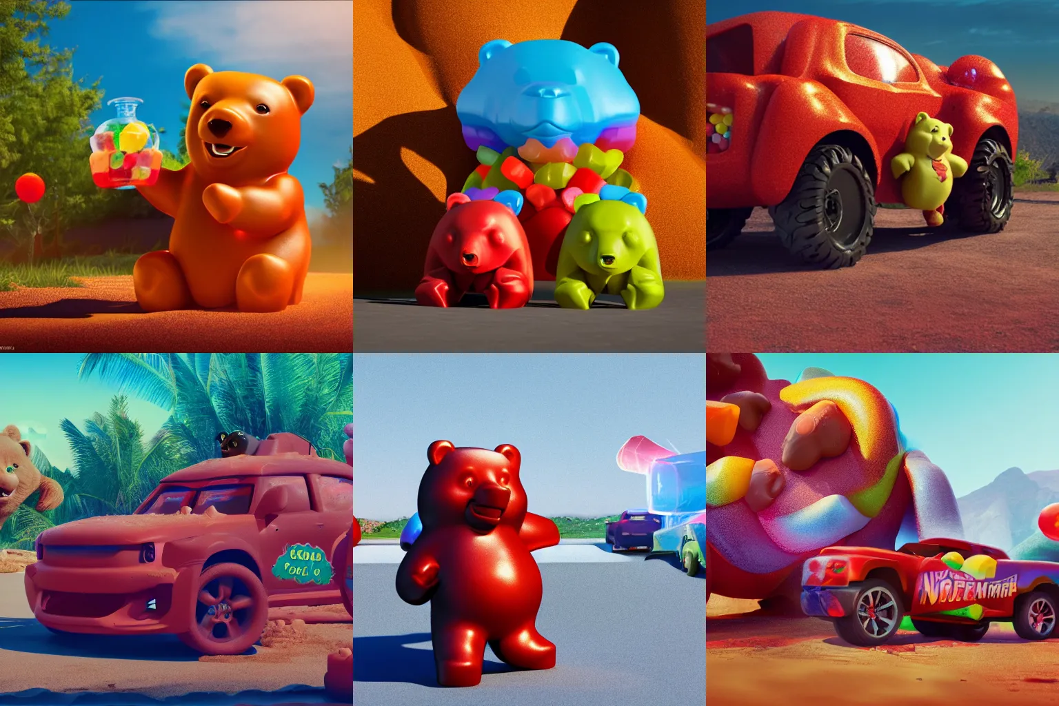 Prompt: promotional movie still gummi bears as big as a car, melting in the arizona sun. 3 d, digital art, octane 3 d render, ue 5, cinematic, imax 7 0 mm. concept art.