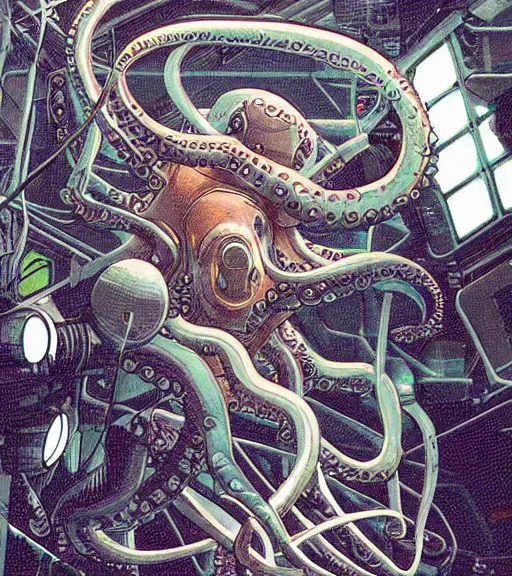 Image similar to a cybernetic realistic octopus in a space station, techwear, Industrial Scifi, detailed illustration, character portrait, by Martin Grip and Moebius