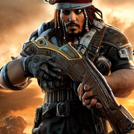 Image similar to ( ( captain jack sparrow ) ) in gears of war, splash art, movie still, cinematic lighting, dramatic, octane render, long lens, shallow depth of field, bokeh, anamorphic lens flare, 8 k, hyper detailed, 3 5 mm film grain