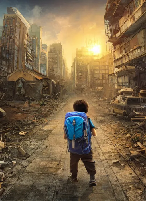 Prompt: a young boy with a backpack travelling through a post apocalyptic city with buildings over run by vegetation, digital art, highly detailed, 4 k, wide angle lens, zoomed out, vibrant