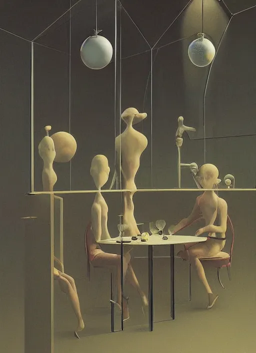 Prompt: spherical glass people at flying at restaurant Edward Hopper and James Gilleard, Zdzislaw Beksinski highly detailed