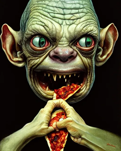 Prompt: gollum smeagol grotesque holding a pizza up to the camera, ultra detailed, ultra realistic, by beksinski, alejandro jodorowsky, giger, greg rutkowski, carne griffith trending on artstation, deviantart, photorealism