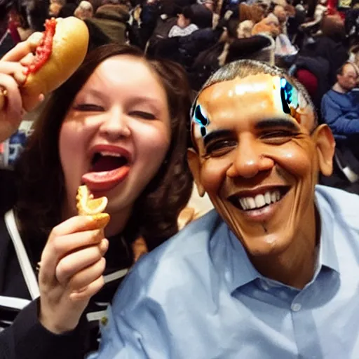 Image similar to selfie photo taken by barack obama while holding a hotdog, wide angle