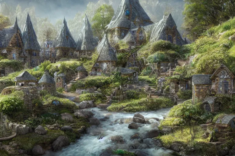 Image similar to A small elven village with elegant architecture at the base of a shallow valley, a winding white pathwalk and a small brook running through, clear blue skies in the background, octane rendering, oil painting, mind-blowing detail, photoreaistic, trending on artstation, trending on deviant art, intricate, elegant, digital painting, saturated colors, smooth, sharp focus, art by artgerm and Todd Shorr