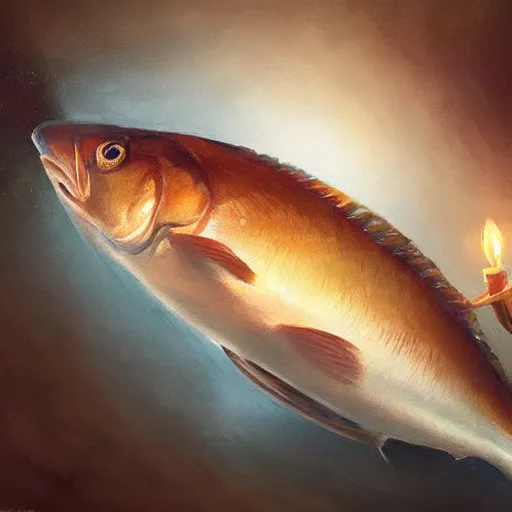 Image similar to a fish laying on top of a chocolate bar. soft, atmospheric, warm lighting. highly detailed digital painting by mandy jurgens.