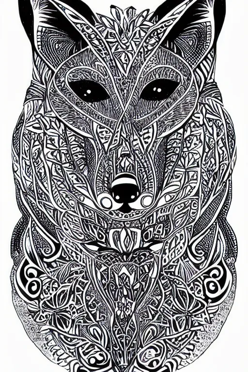 Image similar to symmetric fox mandala ink drawing