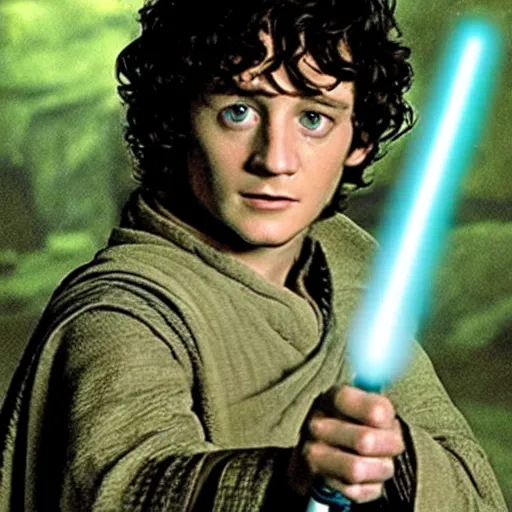 Prompt: frodo in star wars holding a light saber in tolkien style